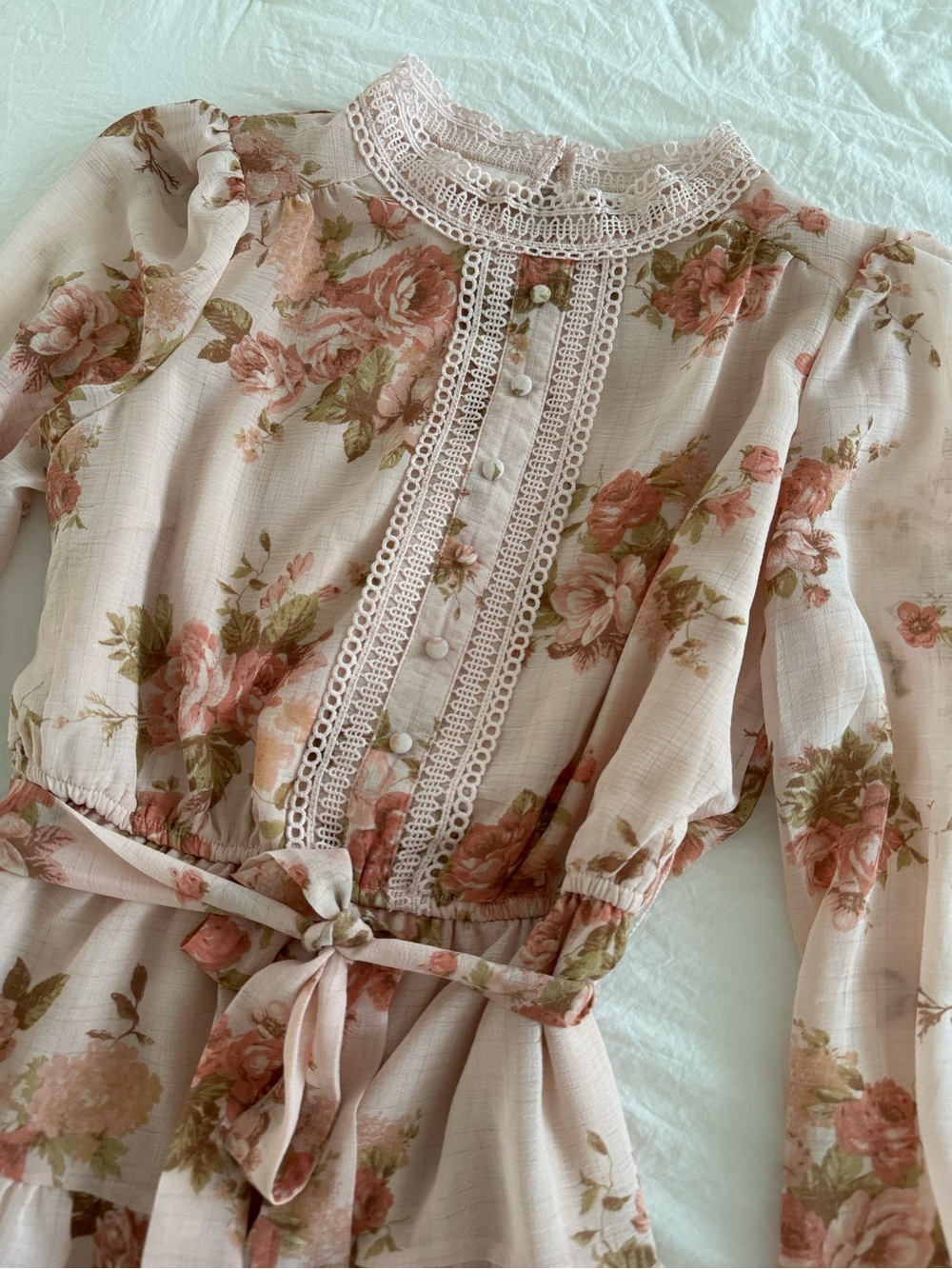 Blu Pepper Blush Floral Lace-Trim Long Sleeve Tiered Mini Dress - Picture 5 of 14
